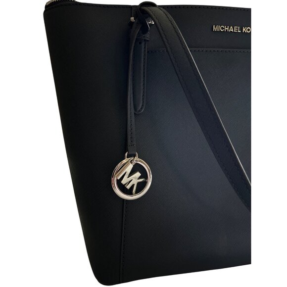 Michael Kors Navy Leather Tote Handbag With Silver MK Charm & Zipper Closure - Picture 4 of 14